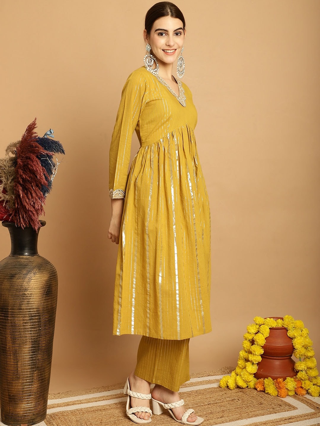 Kalini Striped Empire Pure Cotton Anarkali Kurta with Palazzos - Distacart