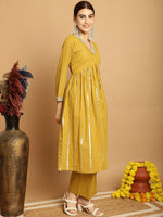 Thumbnail for Kalini Striped Empire Pure Cotton Anarkali Kurta with Palazzos - Distacart