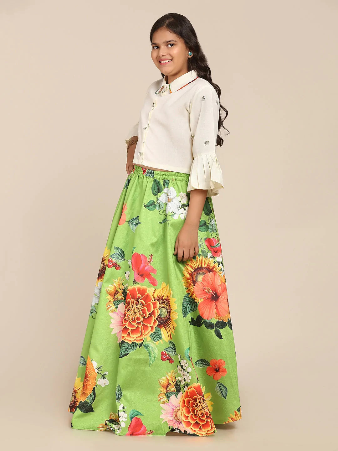 NOZ2TOZ Lime Green & White Floral Printed Ready To Wear Lehenga Choli For Girls - Distacart