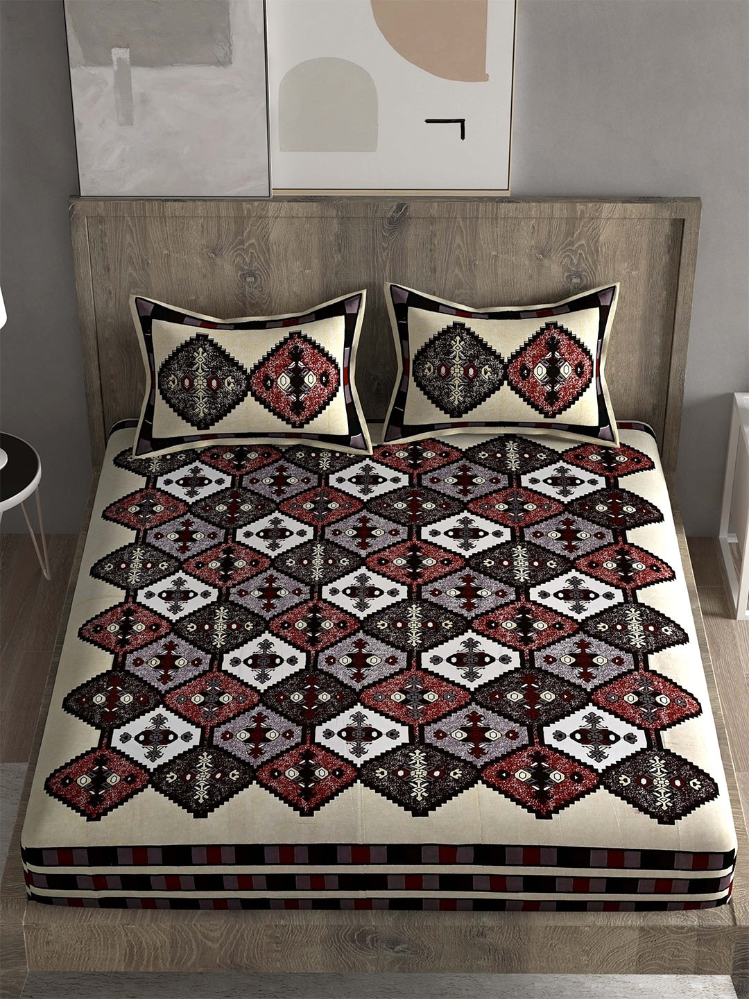 Spangle White & Maroon Ethnic Motifs 260 TC Cotton King Bedsheet with 2 Pillow Covers - Distacart