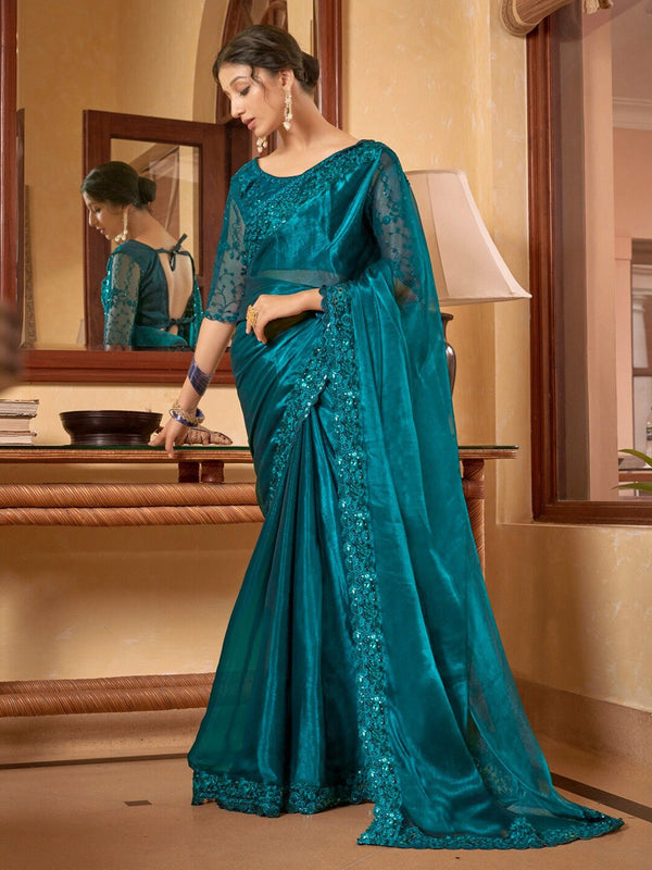 Mitera Teal Embroidered Pure Chiffon Saree - Distacart
