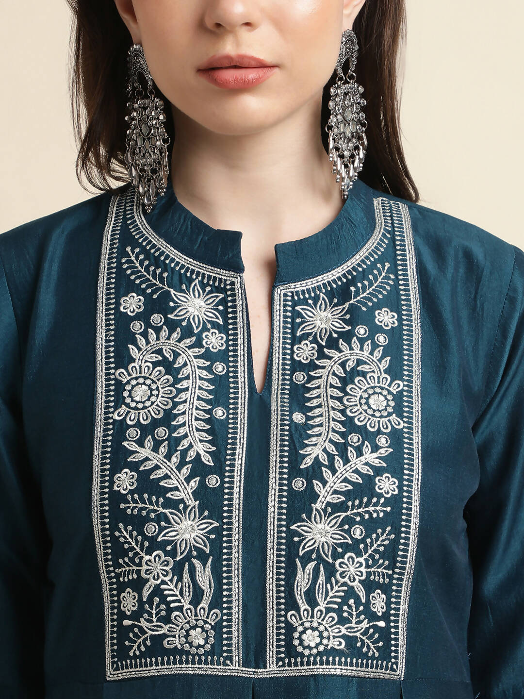 Teal Chinon Floral Embroidered Top with Bottom - Maanushi - Distacart