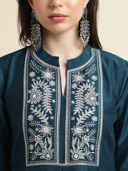 Teal Chinon Floral Embroidered Top with Bottom - Maanushi - Distacart