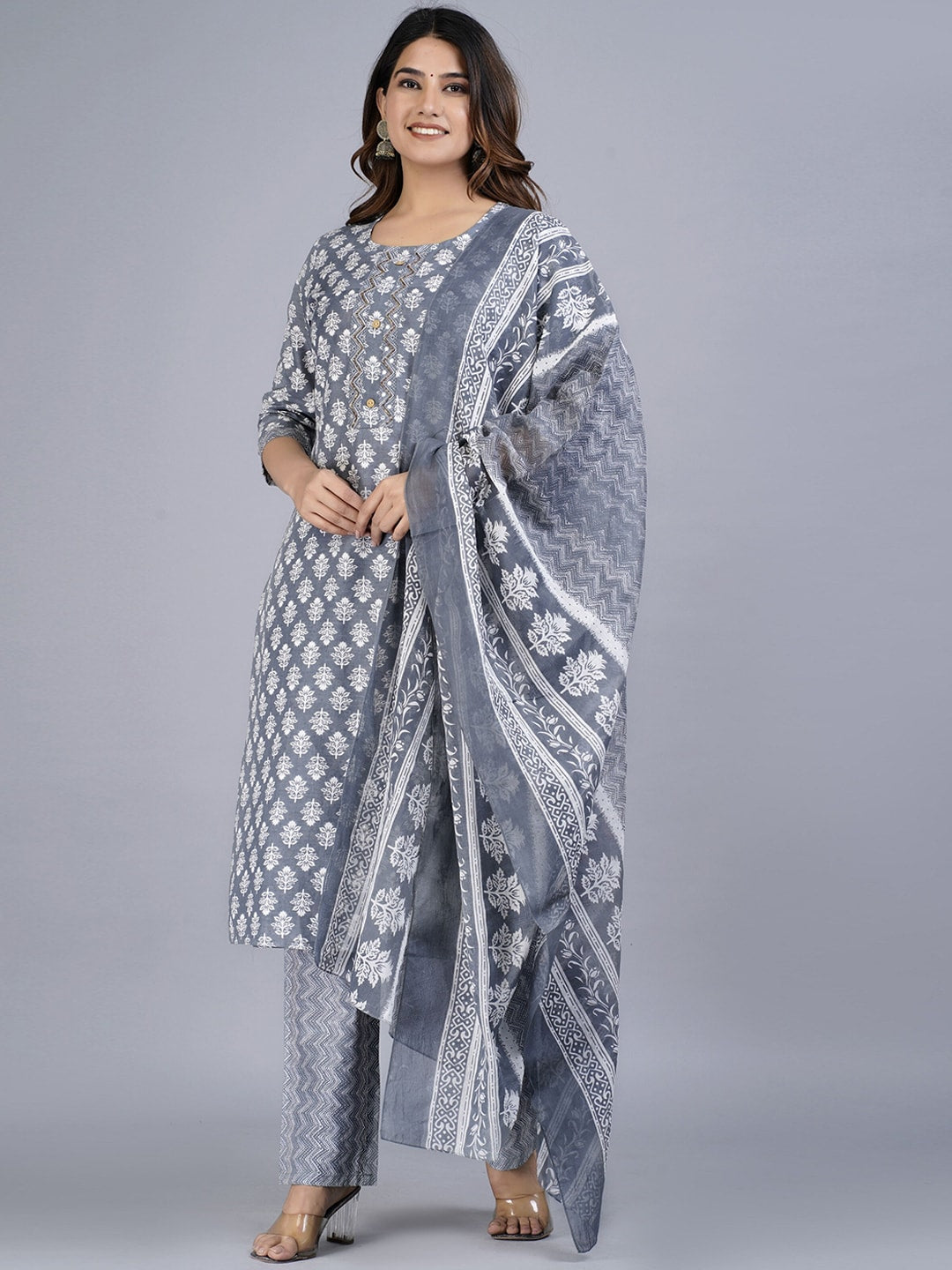 Kalini Women Grey Floral Printed Beads and Stones Pure Cotton Kurta with Trousers & With Dupatta - Distacart