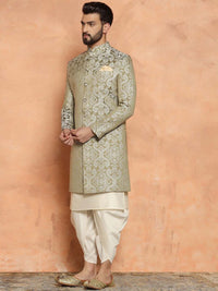Thumbnail for KISAH Woven Design Mandarin Collar Sherwani Set - Distacart