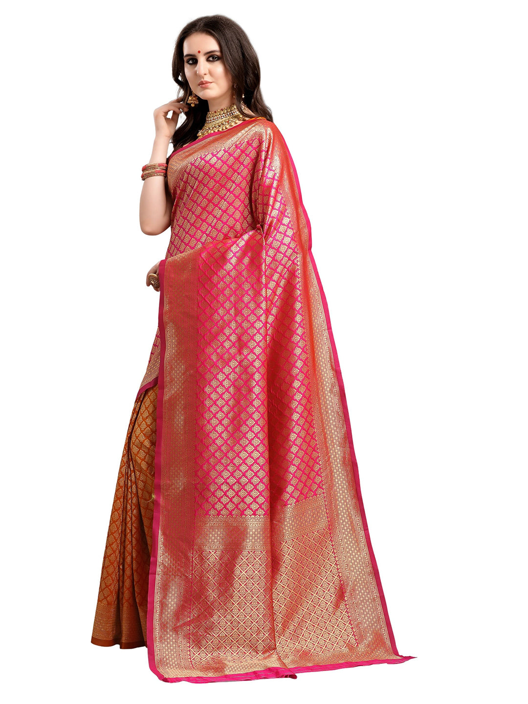 Kalini Pink & Mustard Yellow Ethnic Motifs Woven Design Half & Half Kanjeevaram Saree - Distacart