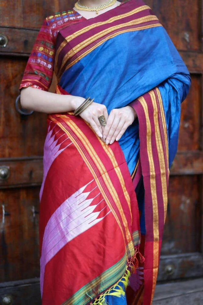 Very Much Indian Handloom Cotton Viscose Ilkal Saree - Royal Blue - Distacart