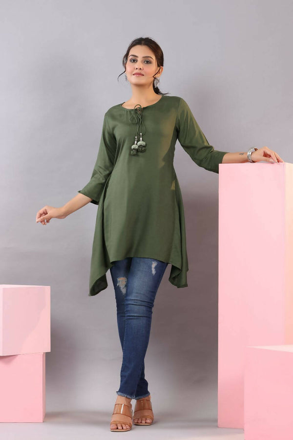 Juniper Women Olive Rayon Solid Asymmetric Kurta - Distacart
