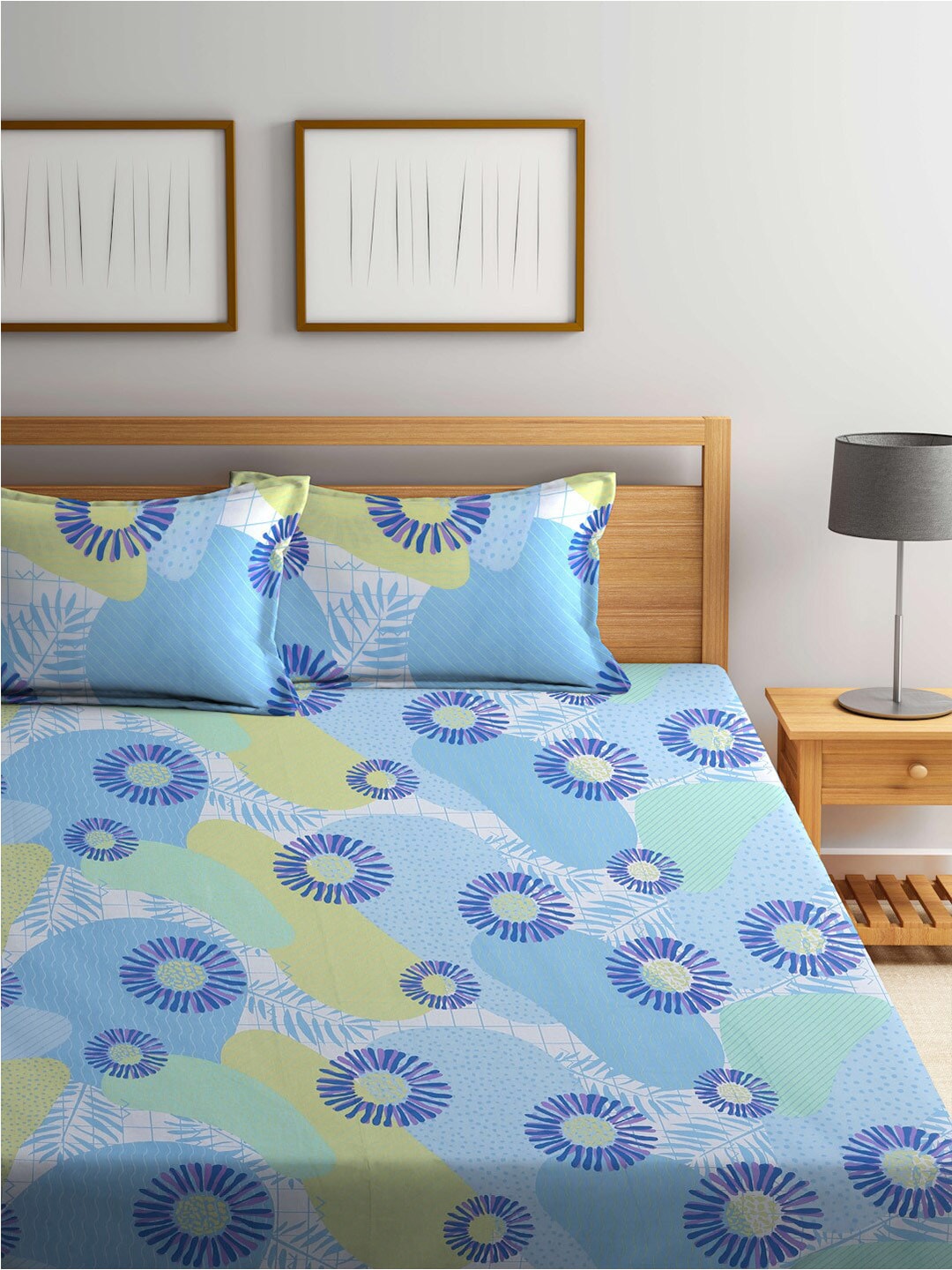 BOMBAY DYEING Serenita Blue Printed Cotton 144 TC King Bedsheet with 2 Pillow Covers - Distacart