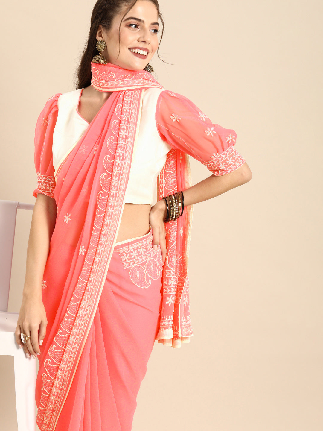 Sangria Pink Chikankari Embroidered Pure Georgette Saree - Distacart