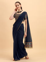 Thumbnail for Sangria Navy Blue Solid Saree - Distacart
