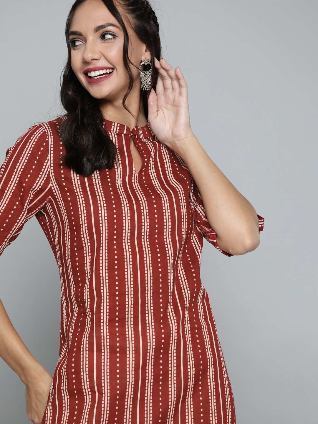 HERE&NOW Women Rust Red & Off-White Pure Cotton Striped Keyhole Neck Straight Kurta - Distacart