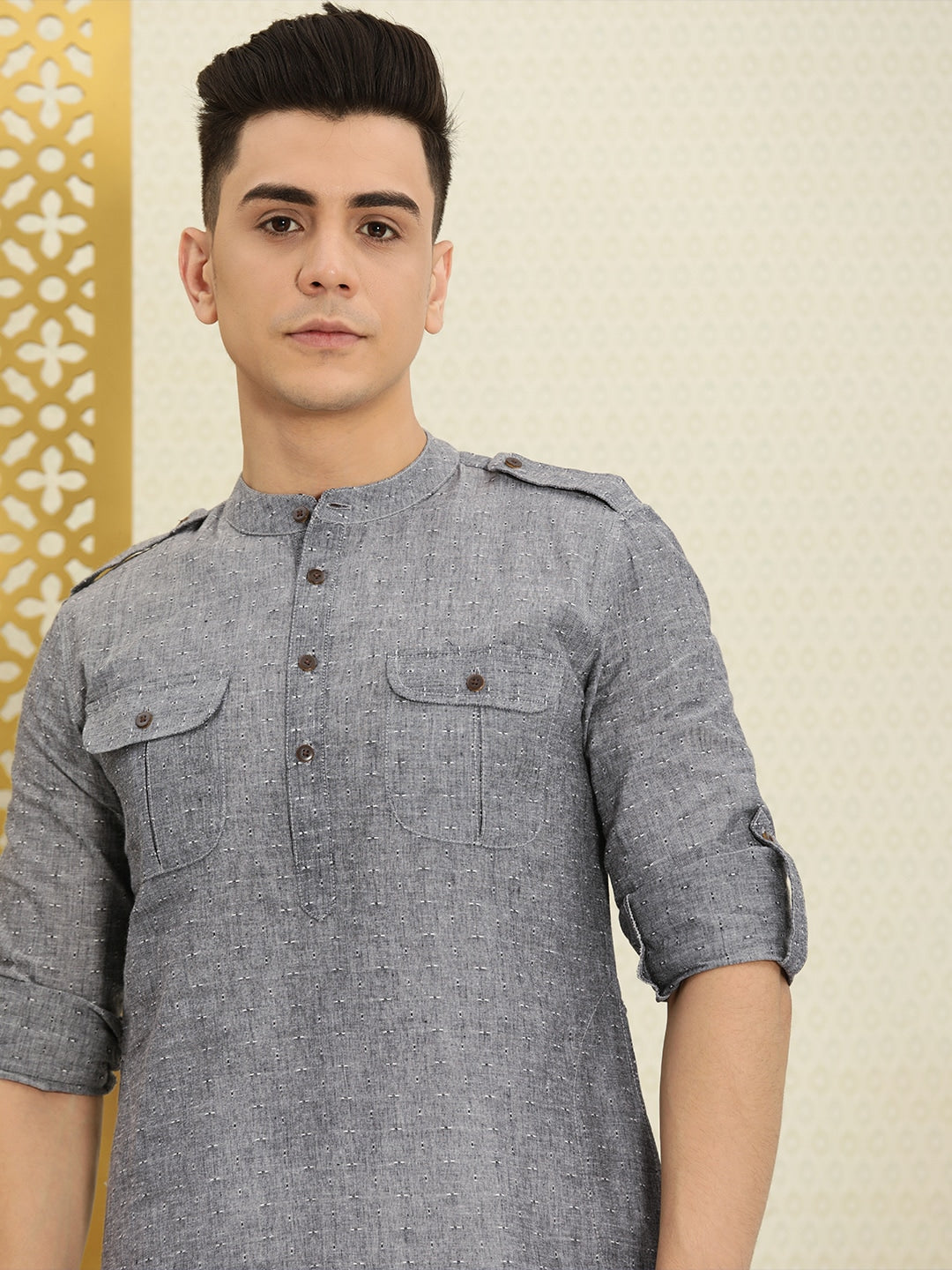 House of Pataudi Men Grey Solid Roll Up Sleeved Pathani Kurta - Distacart