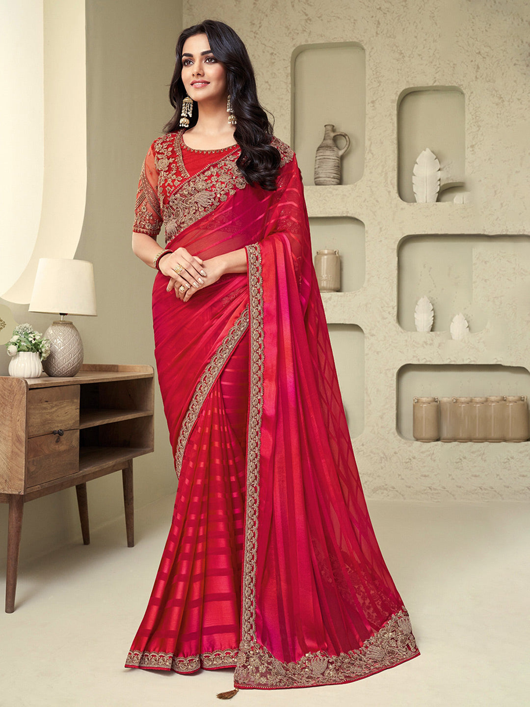 Mitera Striped Embroidered Saree - Distacart
