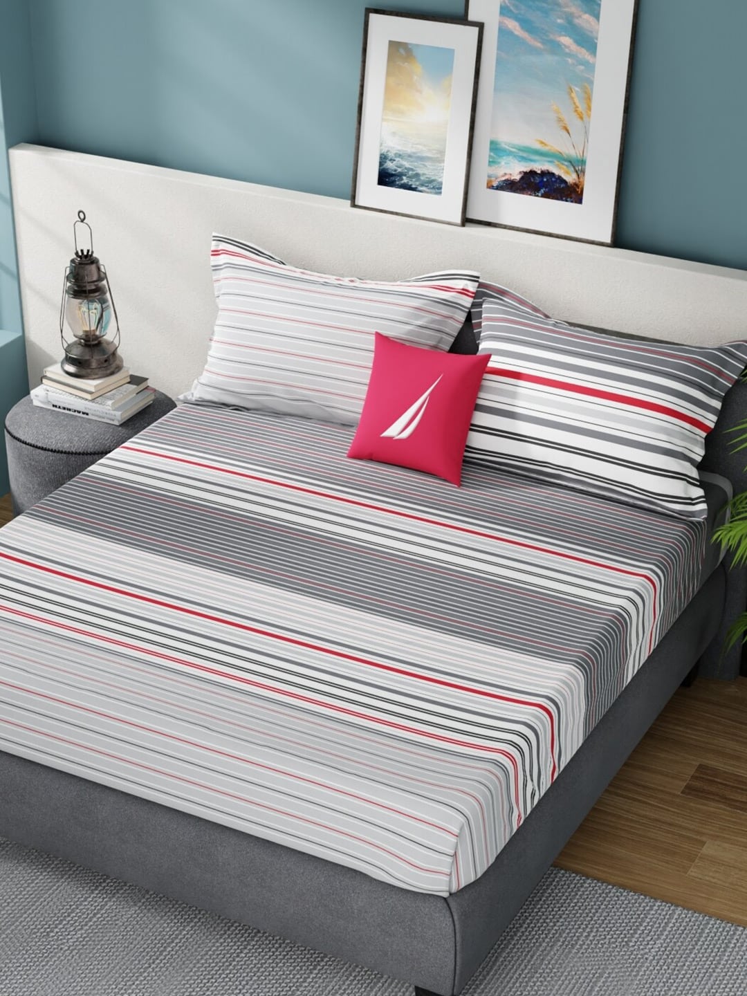 Nautica Bradford Grey & White Striped Cotton 160 TC King Bedsheet With 2 Pillow Covers - Distacart