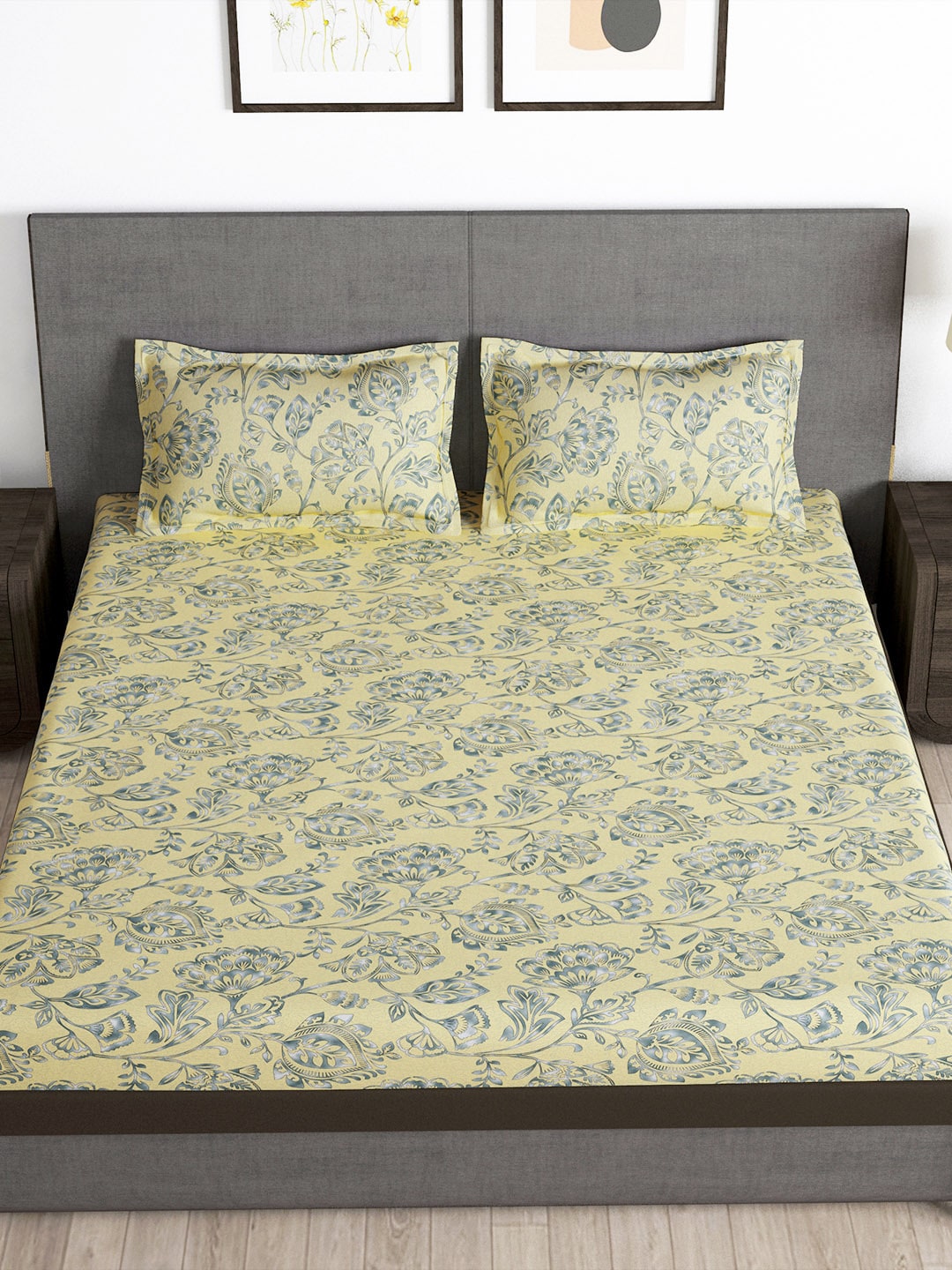 Story@home Arena Cream-Coloured & Grey Printed 180 TC Queen Bedsheet & 2 Pillow Covers - Distacart