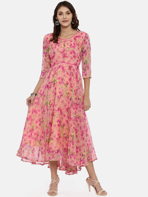 Souchii Pink & Yellow Floral Printed Fit & Flare Dress - Distacart