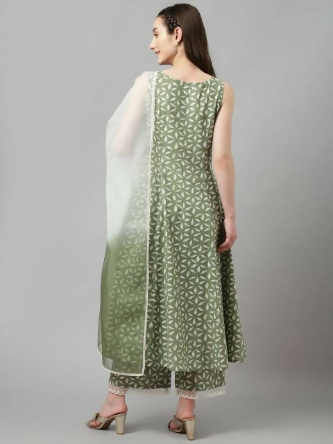 FIORRA Women's Green Lurex Cotton Flared Kurta Palazzo Set With Dupatta - Distacart