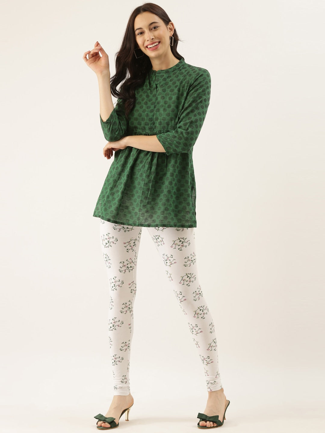 Souchii White & Green Printed Slim-Fit Ankle-Length Leggings - Distacart
