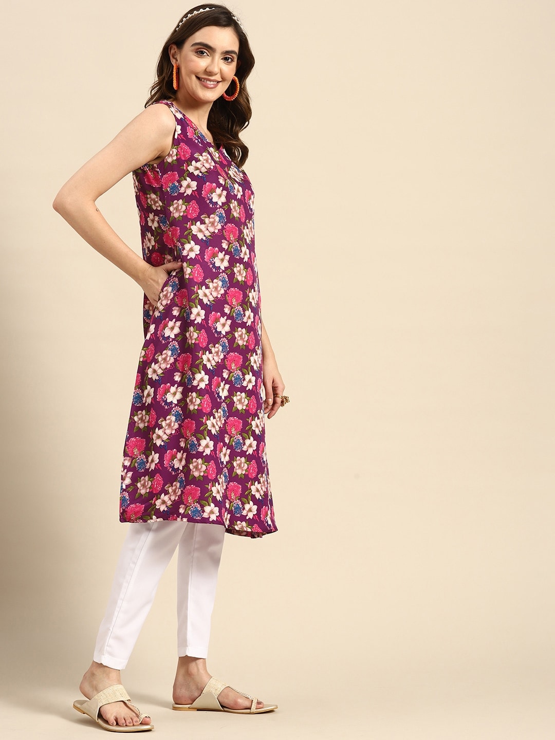 Sangria Women Floral Printed A-Line Sleeveless Kurta - Distacart