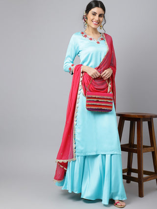 Khushal K Floral Embroidered Bones & Stones Kurta with Palazzos & Dupatta - Distacart