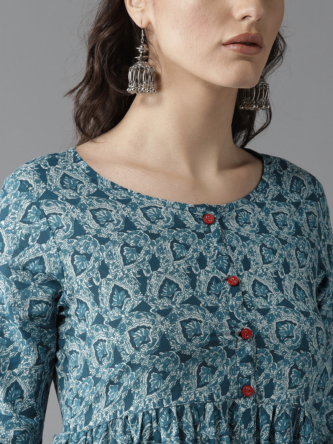 HERE&NOW Women Teal Blue & White Printed A-Line Kurta - Distacart