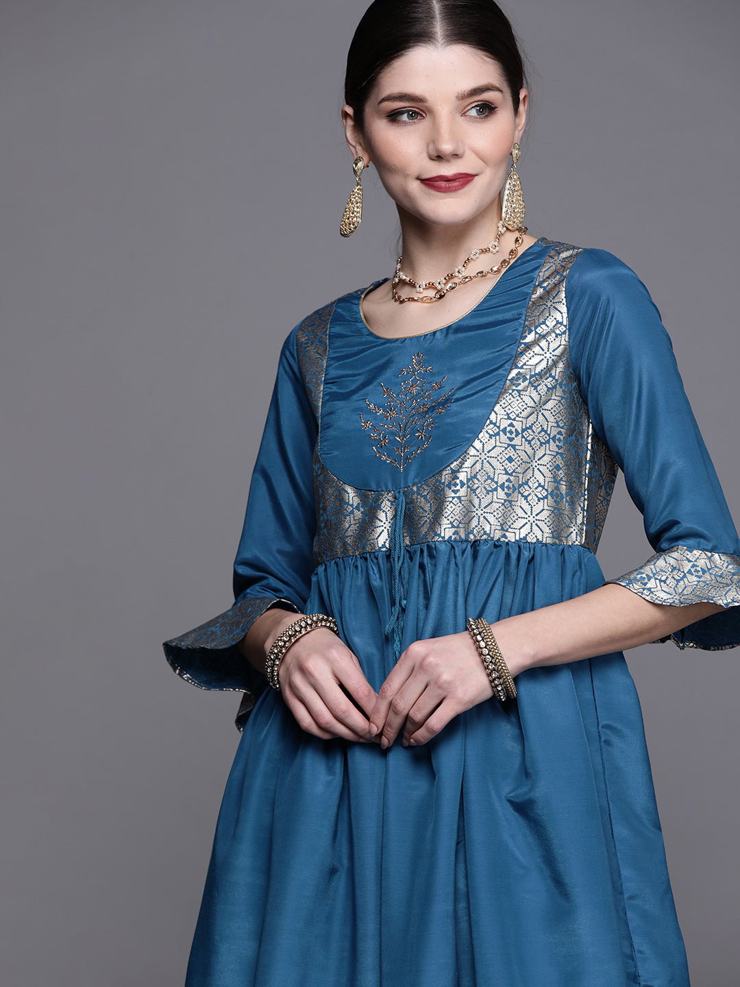 Biba Women Teal Blue & Golden Ethnic Motifs Yoke Design A-Line Kurta - Distacart