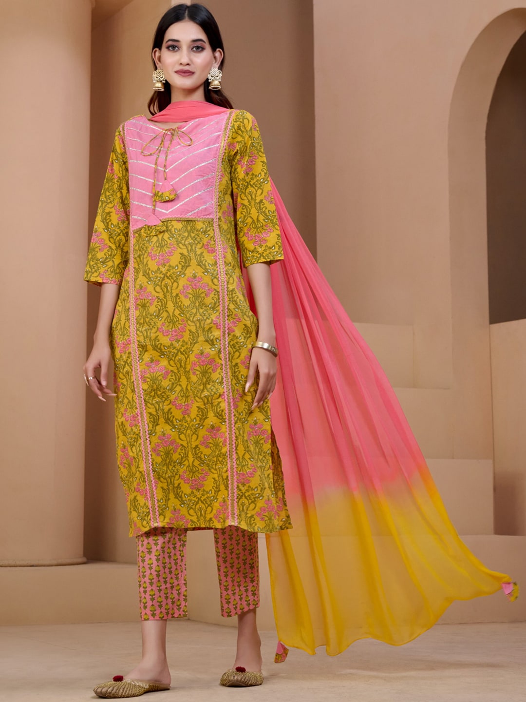 Sangria Yellow & Peach Floral Printed Pure Cotton Straight Kurta With Trousers & Dupatta - Distacart