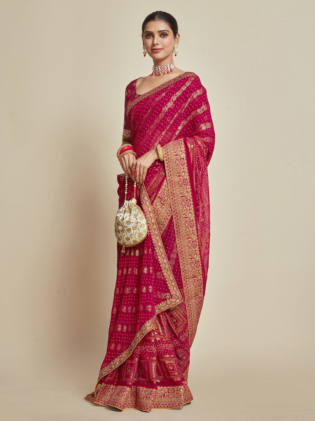 Sangria Pink Woven Design Zari Detail Poly Georgette Bandhani Saree - Distacart