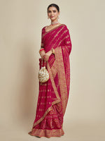 Thumbnail for Sangria Pink Woven Design Zari Detail Poly Georgette Bandhani Saree - Distacart