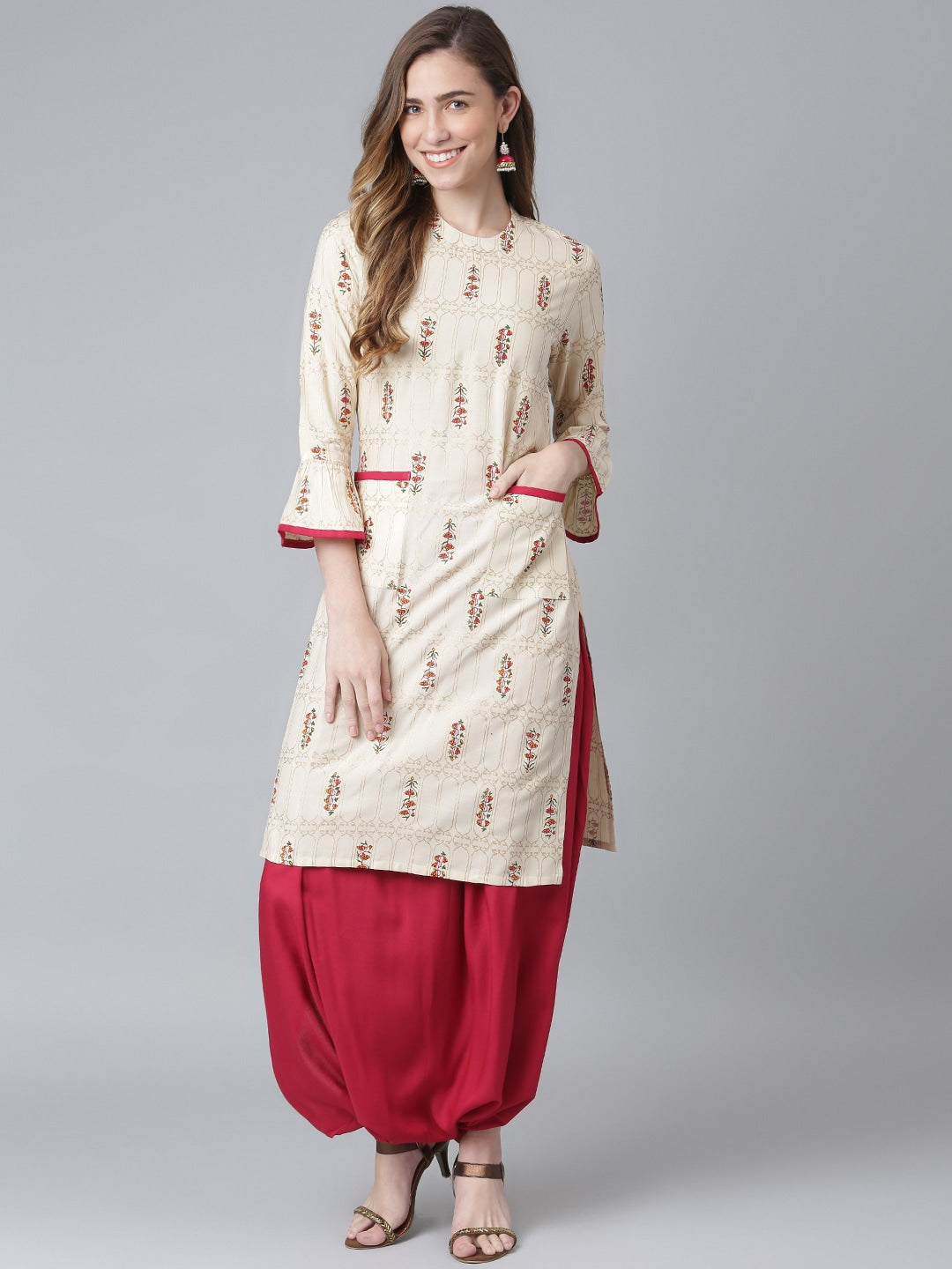 Khushal K Women Cream-Coloured & Brown Printed Kurta with Salwar - Distacart