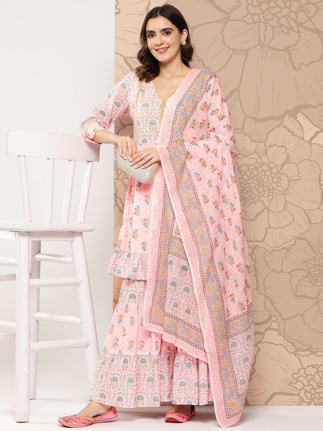 Kalini Floral Printed Gotta Patti Pure Cotton Kurta with Sharara & Dupatta - Distacart