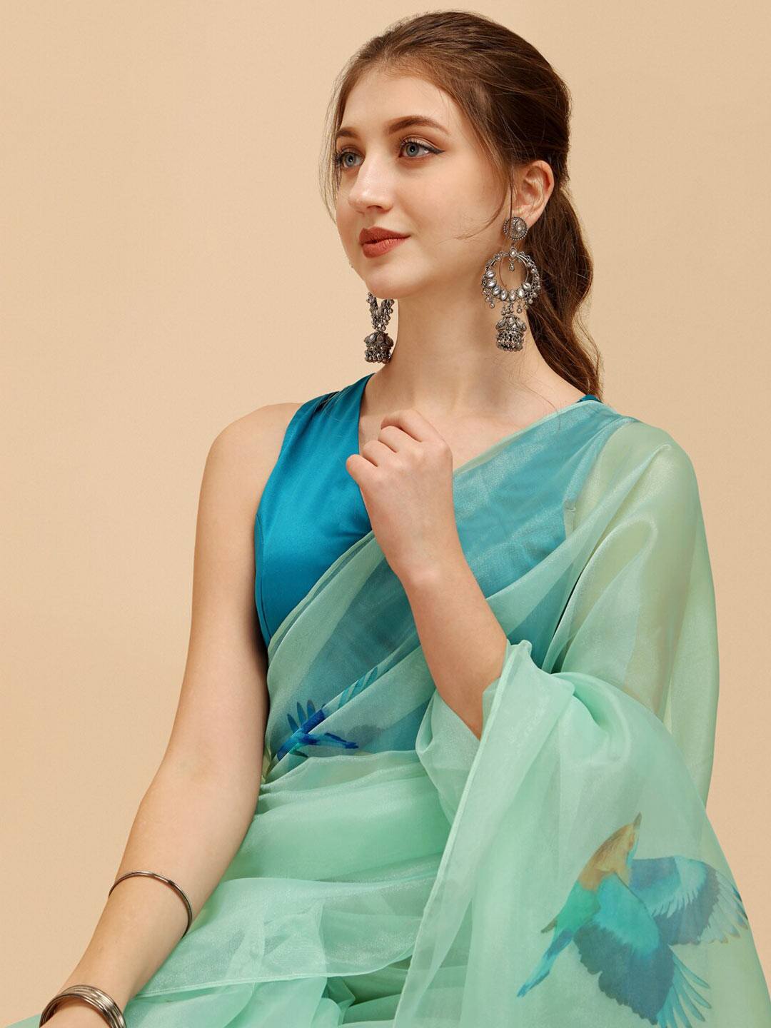 Sangria Sea Green & Blue Organza Saree - Distacart