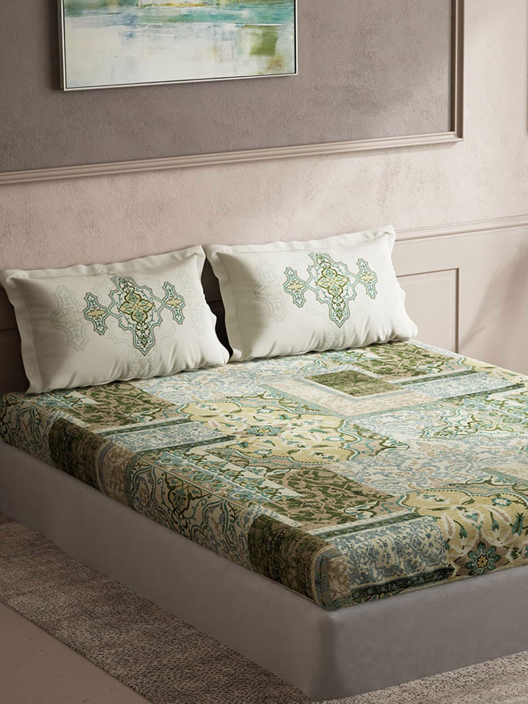DDecor Green & White Ethnic Motifs Cotton 140 TC King Bedsheet with 2 Pillow Covers - Distacart