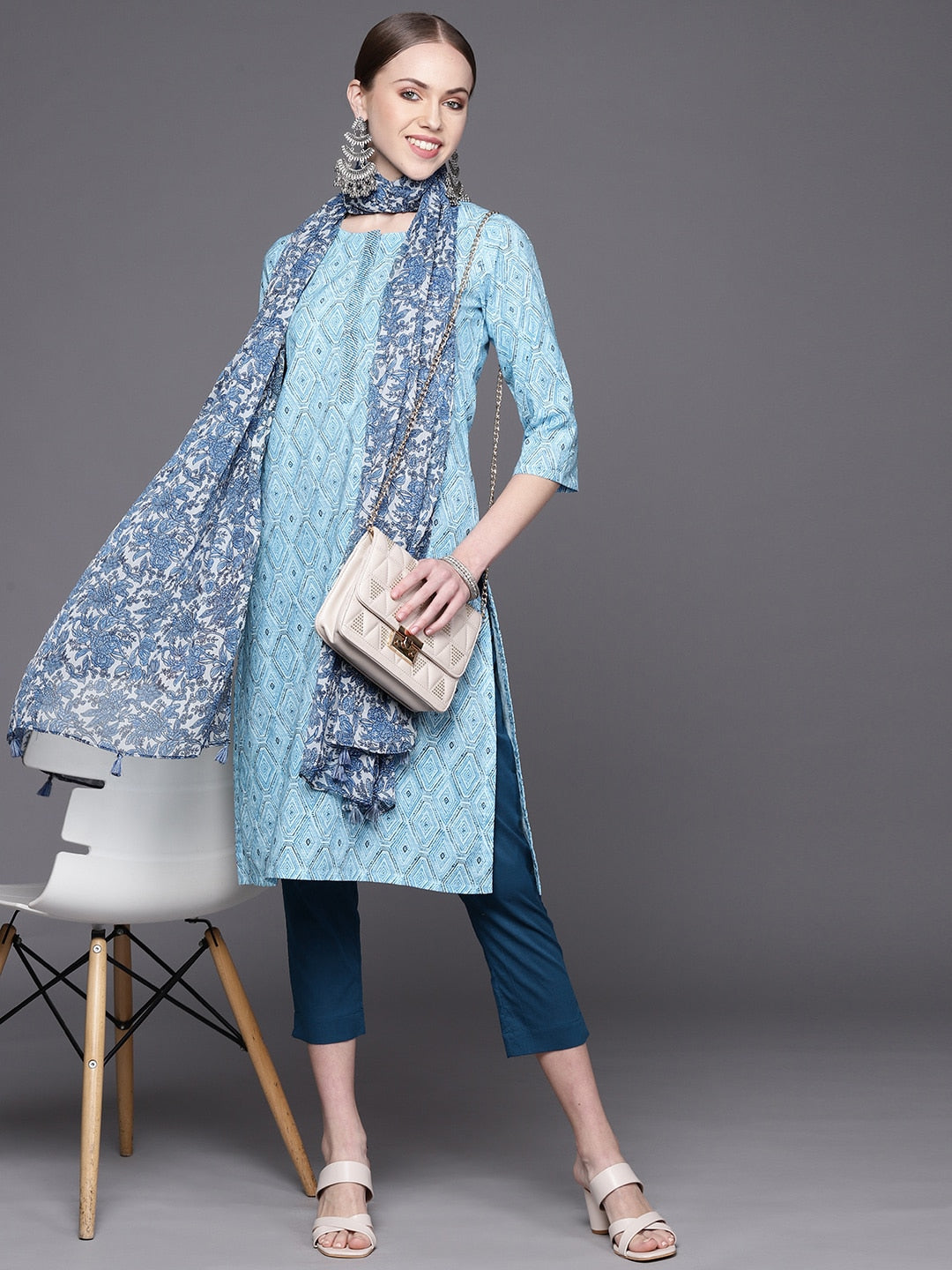 Biba Women Blue Ethnic Motifs Printed Pure Cotton Kurta with Trousers & Dupatta - Distacart