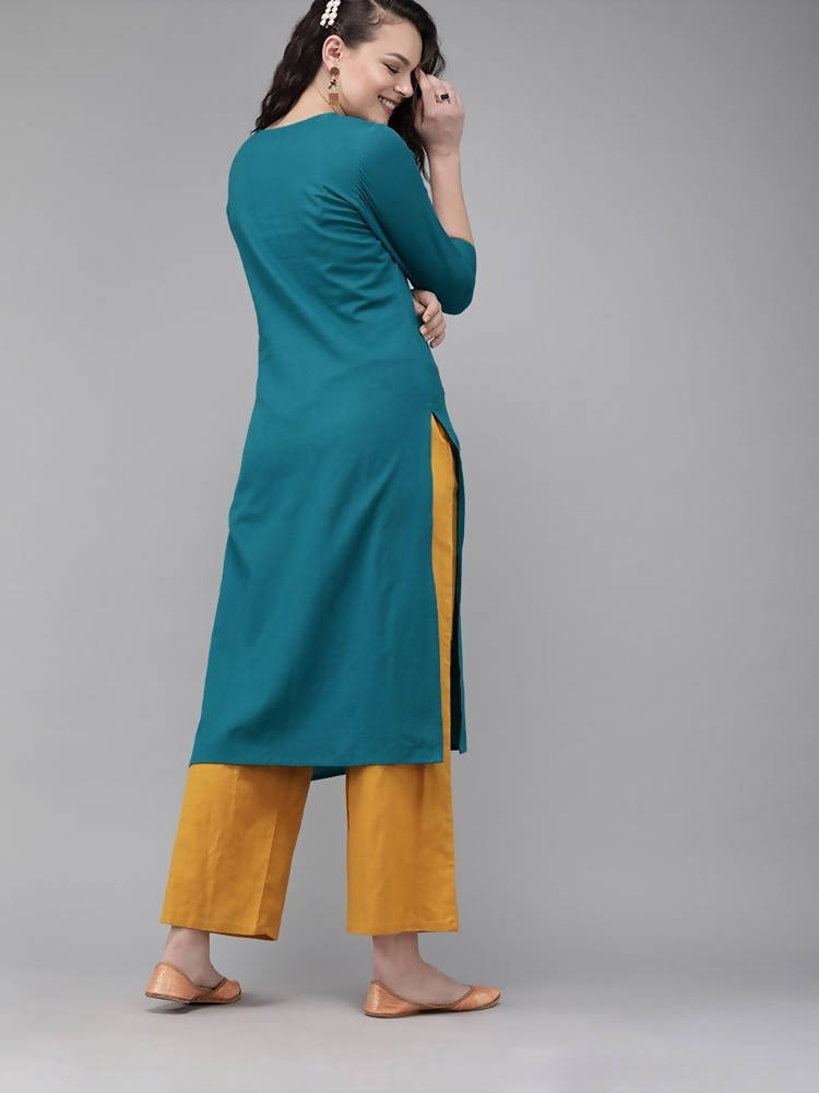 Yufta Women Teal Blue Embroidered straight Kurta