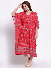 Thumbnail for Myshka Women's Red Printed Cotton Blend 3/4 Sleeve V Neck Casual Dress