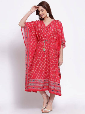 Myshka Women's Red Printed Cotton Blend 3/4 Sleeve V Neck Casual Dress