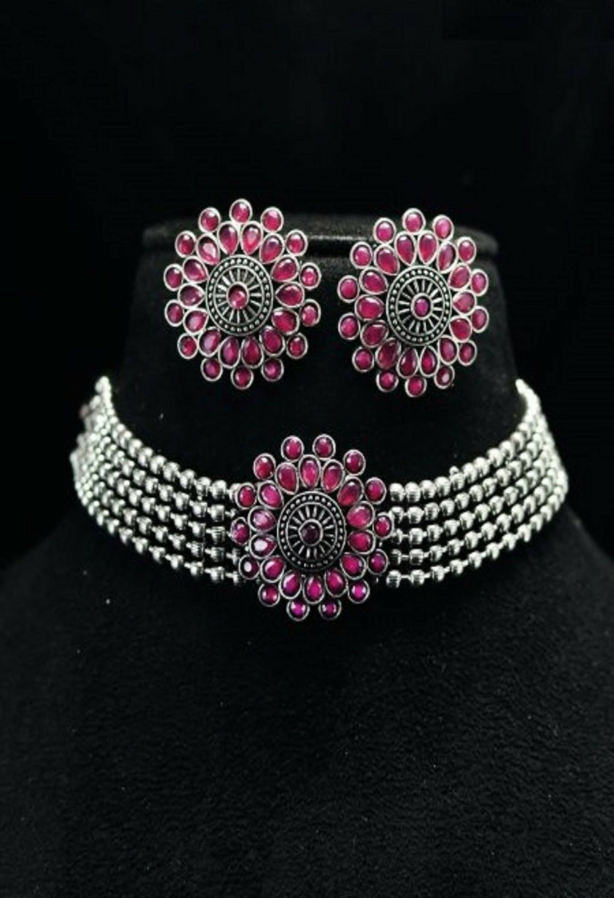Mominos Fashion Johar Kamal Oxidised Silver-Plated Brass Finish Kundan Choker For Women (Pink) - Distacart