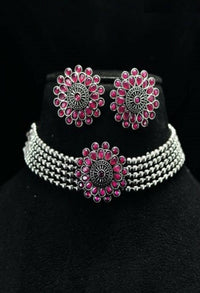 Thumbnail for Mominos Fashion Johar Kamal Oxidised Silver-Plated Brass Finish Kundan Choker For Women (Pink) - Distacart
