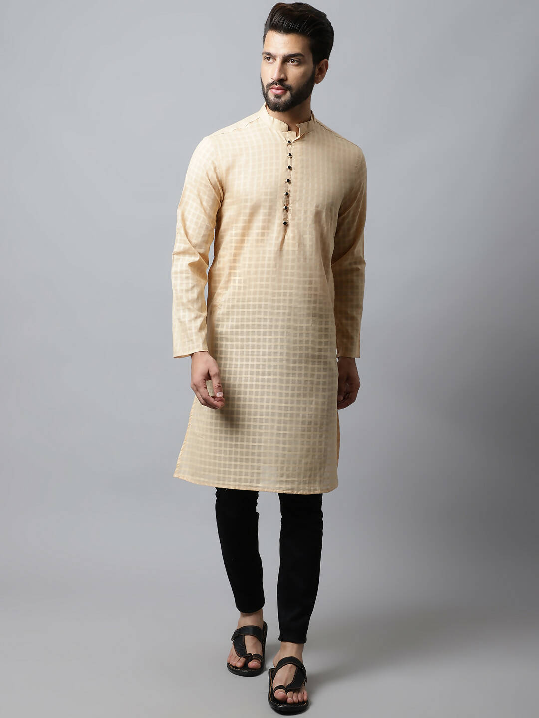 Even Apparels Beige Color Pure Cotton Men's Kurta With Side Placket (CHK1200) - Distacart