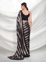 Thumbnail for Mitera Black & Gold-Toned Striped Sequinned Pure Georgette Saree - Distacart