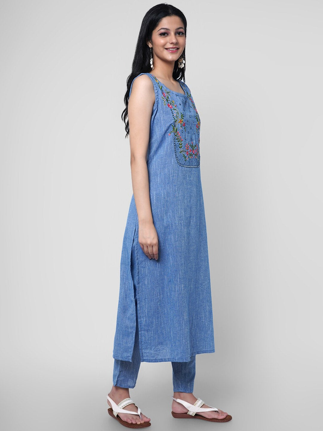 Kalini Women Blue Floral Yoke Design Thread Work Pure Cotton Kurta with Trousers - Distacart