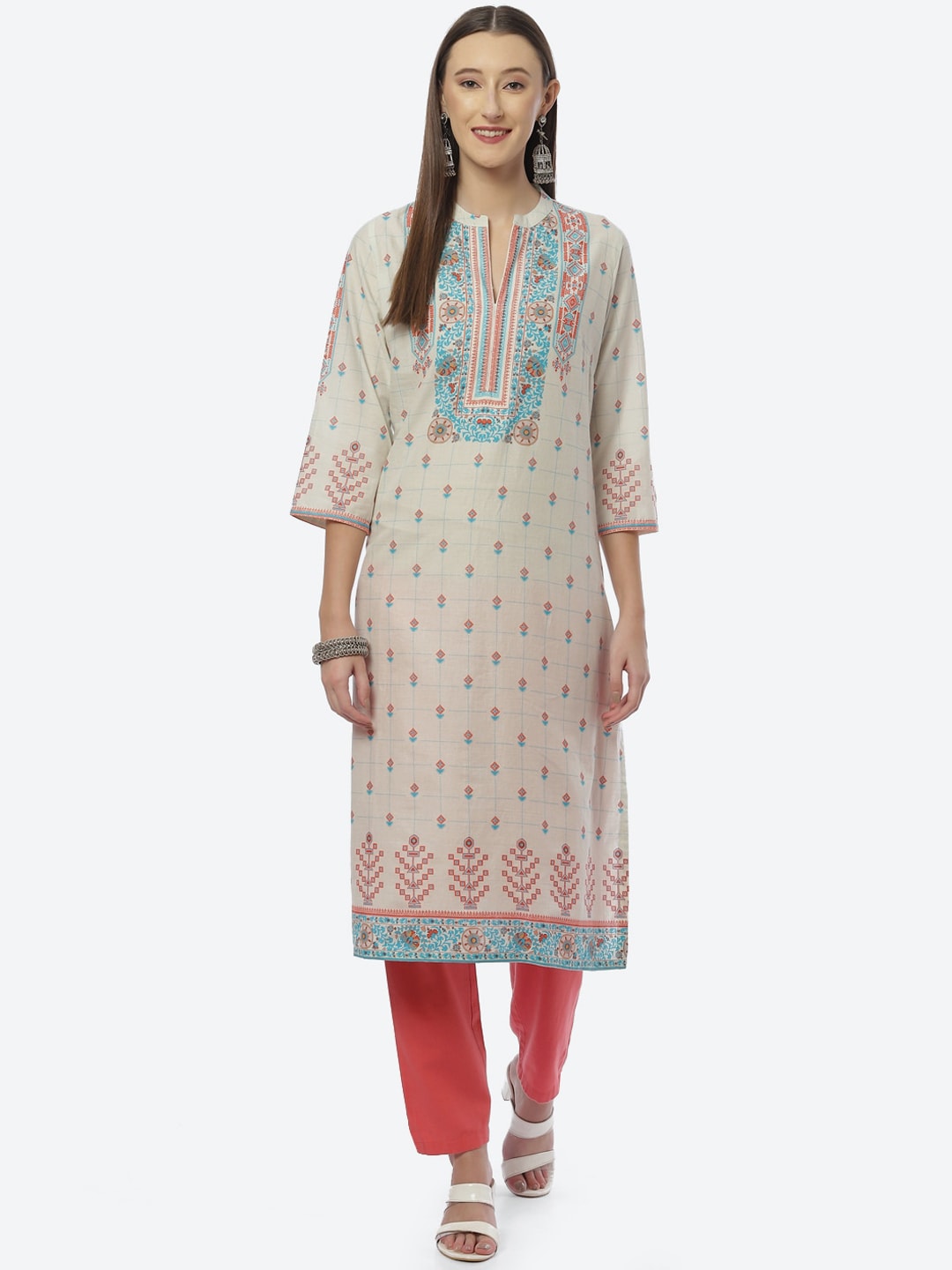 Biba Women Beige Ethnic Printed Regular Kurta - Distacart