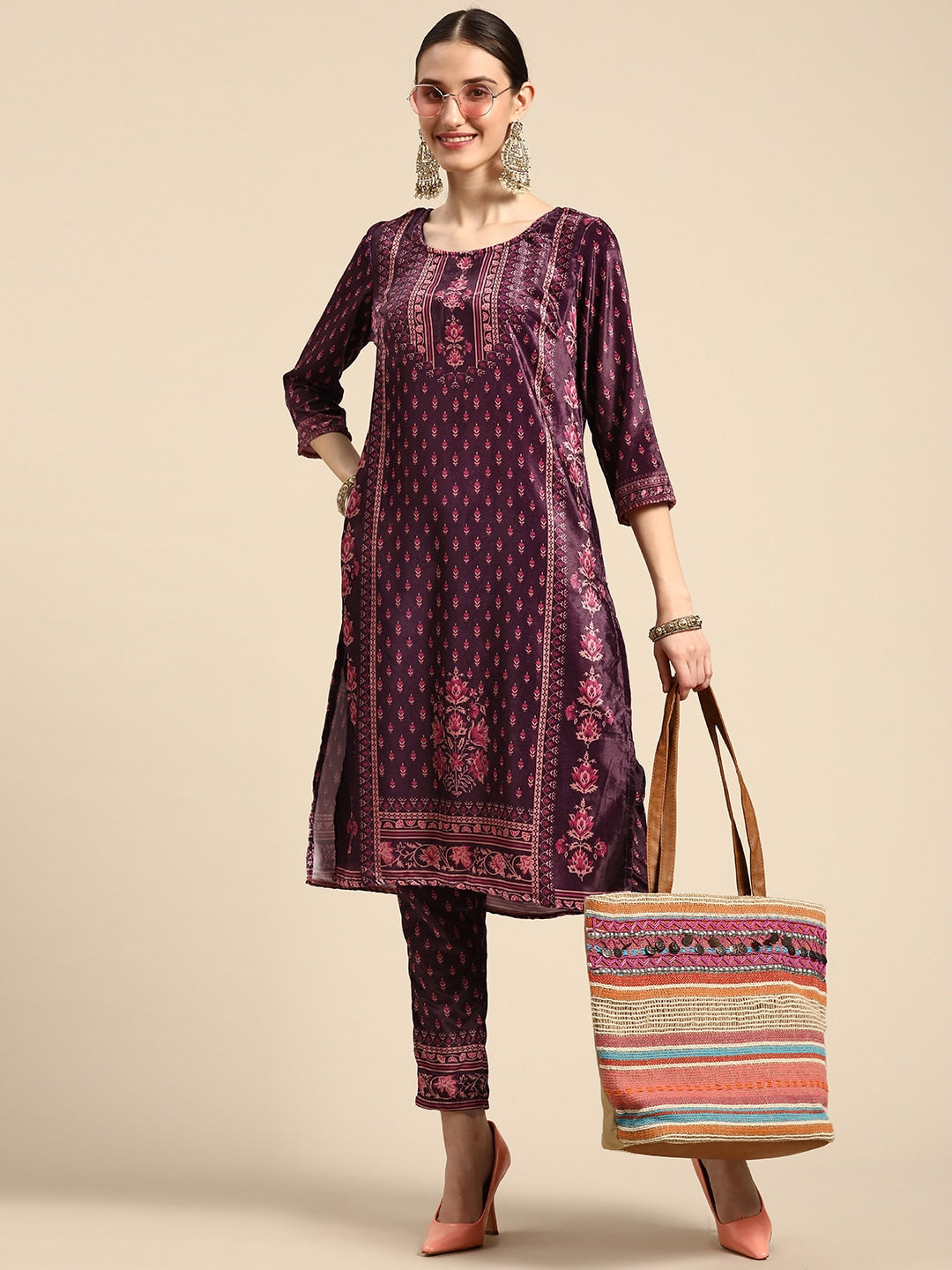 Sangria Women Burgundy & Pink Ethnic Motifs Printed Kurta with Trousers - Distacart