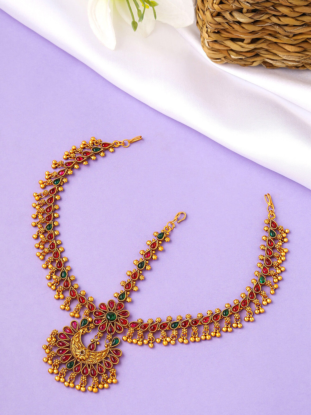 Buy Yellow Chimes Gold Toned Green Kundan Layered Temple Bridal Traditional Matha Patti Online at Best Price Distacart