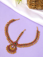 Thumbnail for Yellow Chimes Gold-Toned Green Kundan Layered Temple Bridal Traditional Matha Patti - Distacart