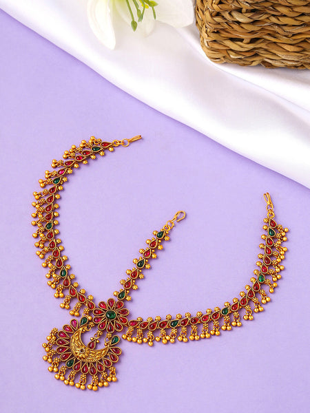 Yellow Chimes Gold-Toned Green Kundan Layered Temple Bridal Traditional Matha Patti - Distacart