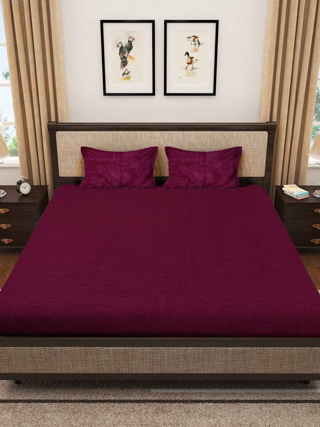 KLOTTHE Maroon 300 TC Woolen Fitted Double King Bedsheet With 2 Pillow Covers - Distacart