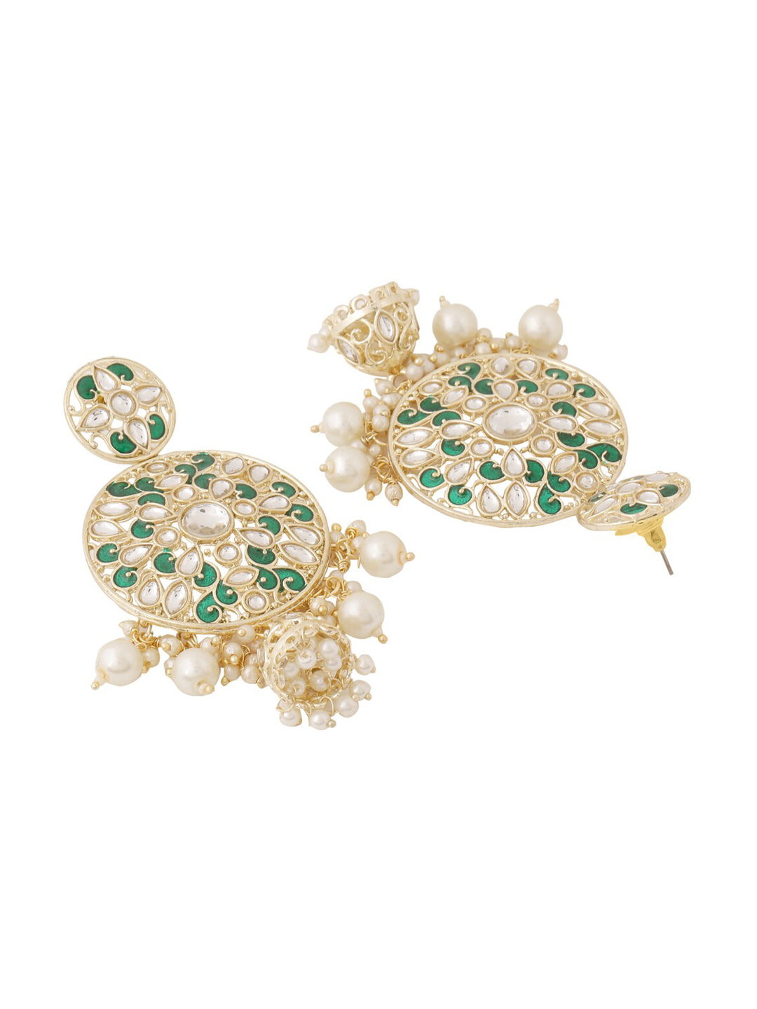 Shoshaa Green & Gold-Plated Kundan Studded Contemporary Jhumkas Earrings - Distacart